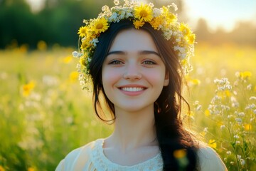 Happy pretty middle eastern young woman with black hair wearing yellow flower circlet on her head. Morning rays. Happy vacation time pattern. Boho-inspired floral wreath.