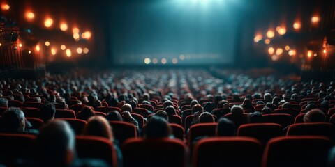 Large audience eagerly awaits movie screening in vintage theater filled with warm lights and plush red seating