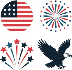 Obraz premium Minimalist Independence Day Icons with American Flag Fireworks and Patriotic Silhouettes