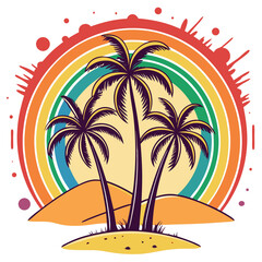 Fototapeta premium Retro illustration of palm trees on the beach with a rainbow backdrop under a summer sun.