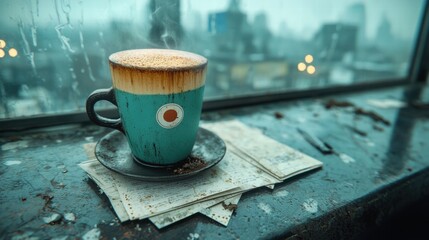 Forgotten coffee-stained documents on a cluttered desk