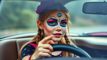 Portrait of a girl with fantasy make-up shuffles the playing car