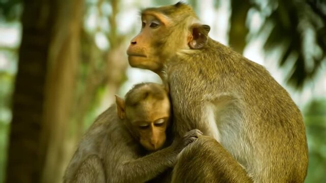 Playful Vervet Monkeys in Sunlit Forest Canopy. Wild Primates Interacting on Tree Branches. Gray Monkeys in Lush Jungle Environment.