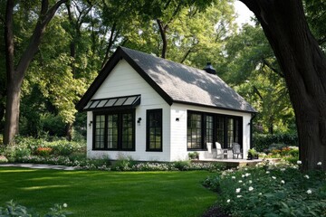 Obraz premium Charming modern cottage nestled in a lush green garden surrounded by trees in the afternoon sun, showcasing a welcoming outdoor seating area