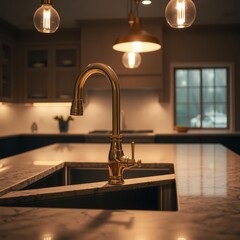 A gleaming gold faucet its spigot poised for action anchors a sleek grey granite island in the heart of a modern kitchen bathed in the warm glow of hanging pendant lights 