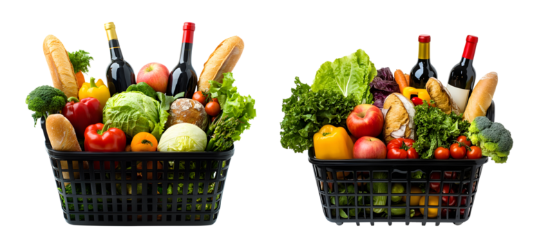 Packed food items in shopping basket isolated on transparent background