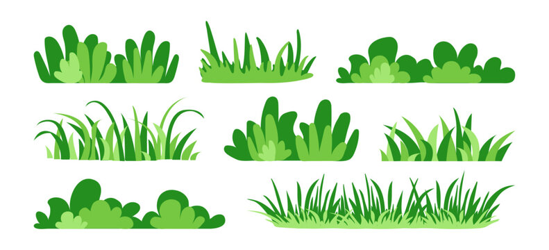 Cartoon grass bush, tuft leaf and plant, meadow and park, green lawn, outdoor garden or forest tree icon isolated on white bg. Simple nature border. Cute foliage doodle fence set. Vector illustration
