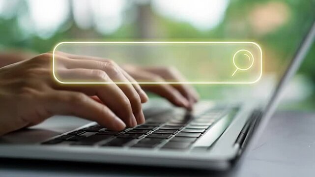 Navigating the Digital Frontier: A close-up view of hands typing on a laptop keyboard, with a glowing search bar.