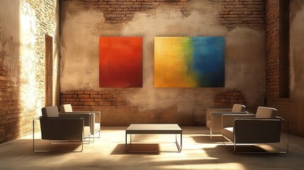 Rustic interior space with vibrant artworks.