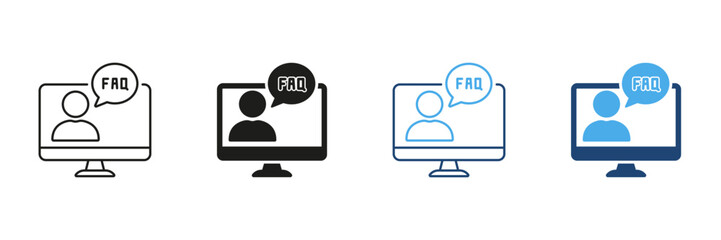Computer Faq Support Icon Set. Online Help, Customer Service, Information Assistance Outline And Silhouette Symbol Collection. Digital Communication And User Guidance. Isolated Vector Illustration