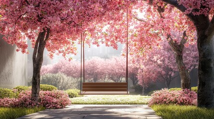 Serene swing, cherry blossom garden, spring