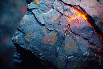Molten lava flows through cracks in a dark, rain-soaked volcanic rock, creating a dramatic contrast.