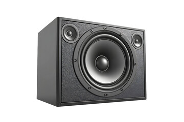 Close up of a black speaker with two smaller speakers on a black background in studio lighting