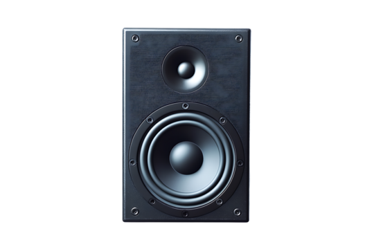 Close up shot of a single black speaker with two drivers on a black background in studio lighting