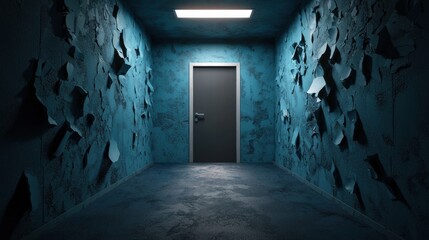 Obraz premium Office hallway with peeling wallpaper and dim, flickering lights