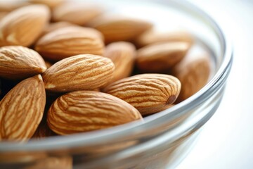 A glass bowl filled with numerous almonds, showcasing their rich brown color and textured surface.