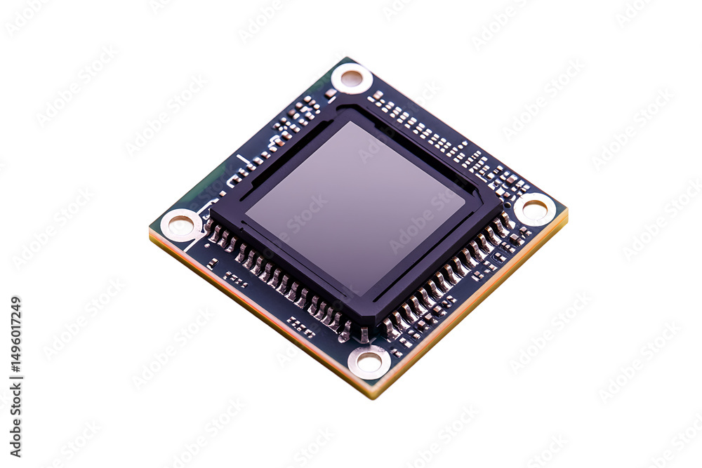 Poster close up shot of a square sensor chip with pins on a dark background in studio lighting