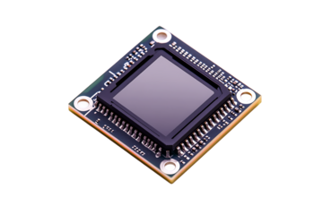 Close up shot of a square sensor chip with pins on a dark background in studio lighting