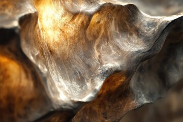 Close-up of a sculpted, organically shaped wooden object with warm, glowing light illuminating its textured surface.