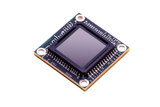 Close up shot of a square sensor chip with pins on a dark background in studio lighting