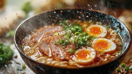 Steaming ramen, spices falling, kitchen setting, food photography