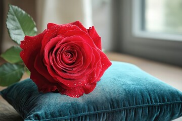 A single, dew-kissed red rose rests gently on a teal velvet cushion.