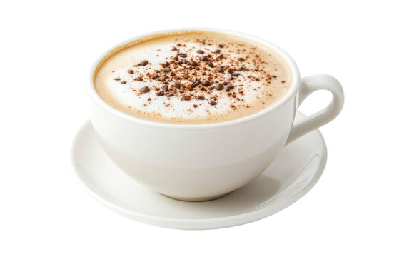 White coffee cup with a white saucer and a brown swirl of chocolate on top