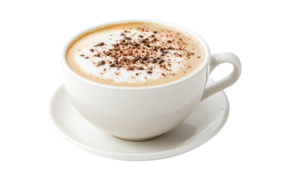 White coffee cup with a white saucer and a brown swirl of chocolate on top