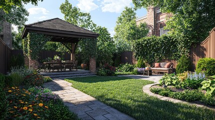 Suburban garden patio design, landscaping, plants, gazebo, house