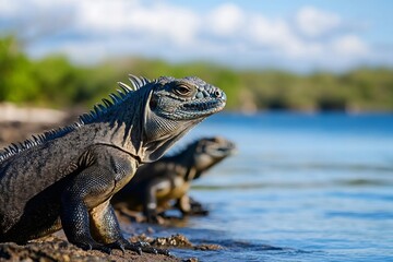 Fototapeta premium Wild iguanas resting on the shore of a tropical lagoon