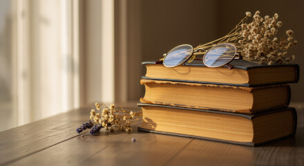 Stacked books with glasses and dried flowers on wooden table  