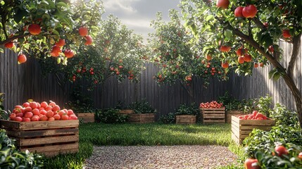 Sunlit Orchard Harvest Apples in Wooden Crates