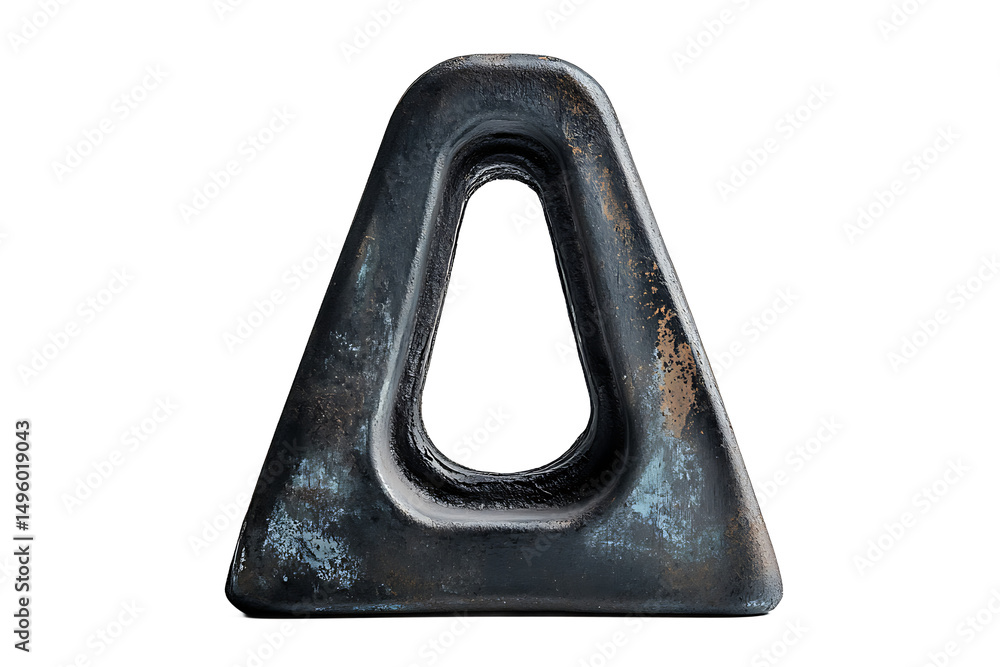 Poster close up of a triangular metal loop with a rounded opening against a black background studio shot