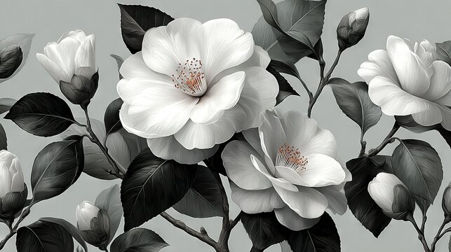   A monochromatic depiction of white blooms amidst emerald foliage against a grayscale backdrop, juxtaposed with a b&w photograph capturing