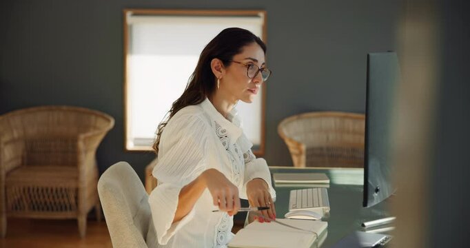 Mature, author or woman in home office with notebook for remote work, research or website. Creative project, female writer or freelancer with computer for campaign, writing ideas or publishing review