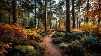 Naklejka premium A trail surrounded by many trees and vegetation on both sides is a dirt road