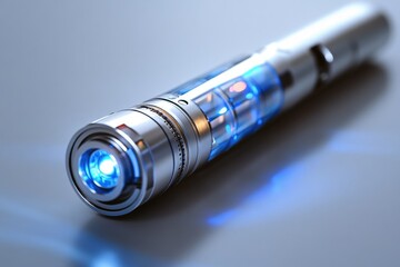 Futuristic metallic device with glowing blue core, sleek design, technological advancement.