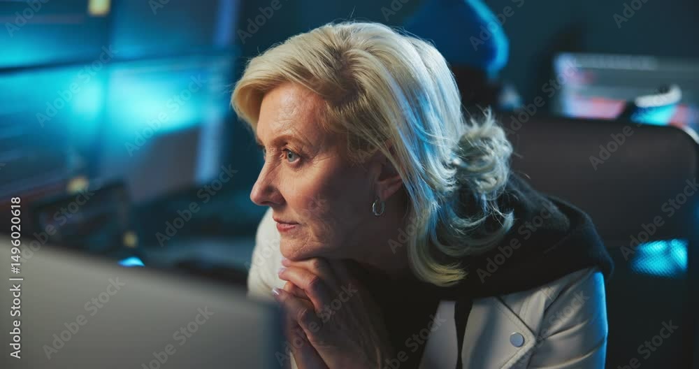 Poster Thinking, night and woman on computer for coding, programming, software update or cybersecurity. Professional, working late or mature person on pc for website development, user interface or AI system