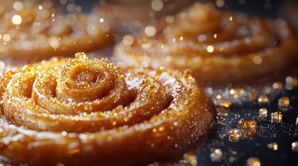 Sweet pastry swirls, golden glaze, dark background, dessert photography, food blog