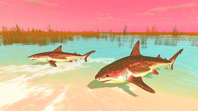 Sharks Shallow Water Pink Sunset.