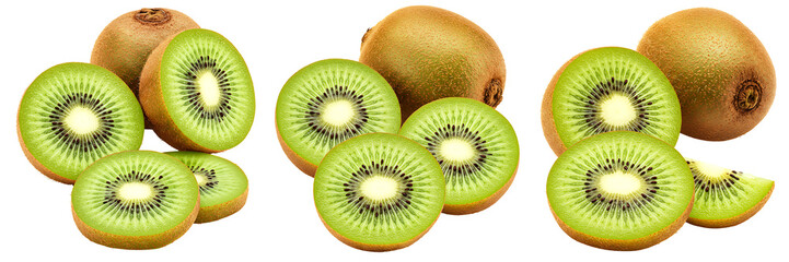 Fototapeta premium Whole and Sliced Kiwi Fruits with Green Flesh and Seeds On Transparent Background