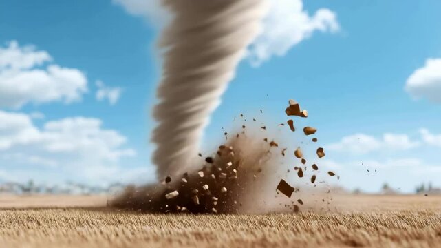 A violent tornado spinning across a dry farmland, hurling debris through the air under a bright blue sky with clouds.