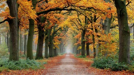 Fototapeta premium A dirt road surrounded by tall trees with orange and yellow leaves on both sides is encircled by yellow and orange leaf-covered trees