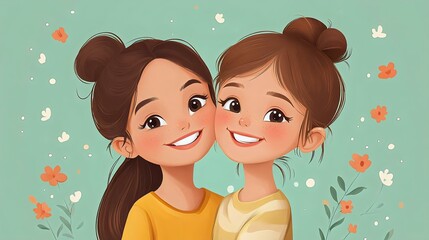 Two cheerful girls smiling together in a colorful, animated style with floral background, symbolizing friendship and happiness.