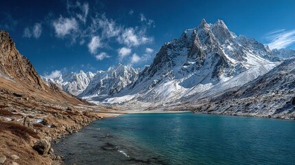 Obraz premium A range of mountains with water in front and blue sky with clouds behind