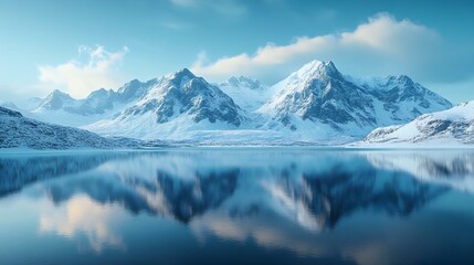 Obraz premium Stunning winter landscape featuring snow-capped mountains reflecting in a tranquil lake, surrounded by serene blue skies.