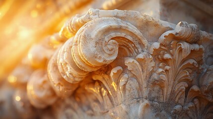 Intricate marble column detail with ornate carvings and warm sunlight. Perfect for architecture, history, or classical design themes.