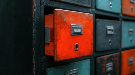 Dusty filing cabinet with half-open drawers and missing labels