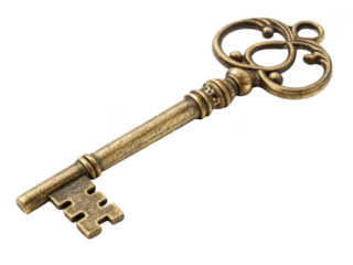 Ornate antique gold key isolated on transparent background