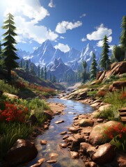 Mountain stream flows through a vibrant landscape with towering trees and distant snow capped peaks